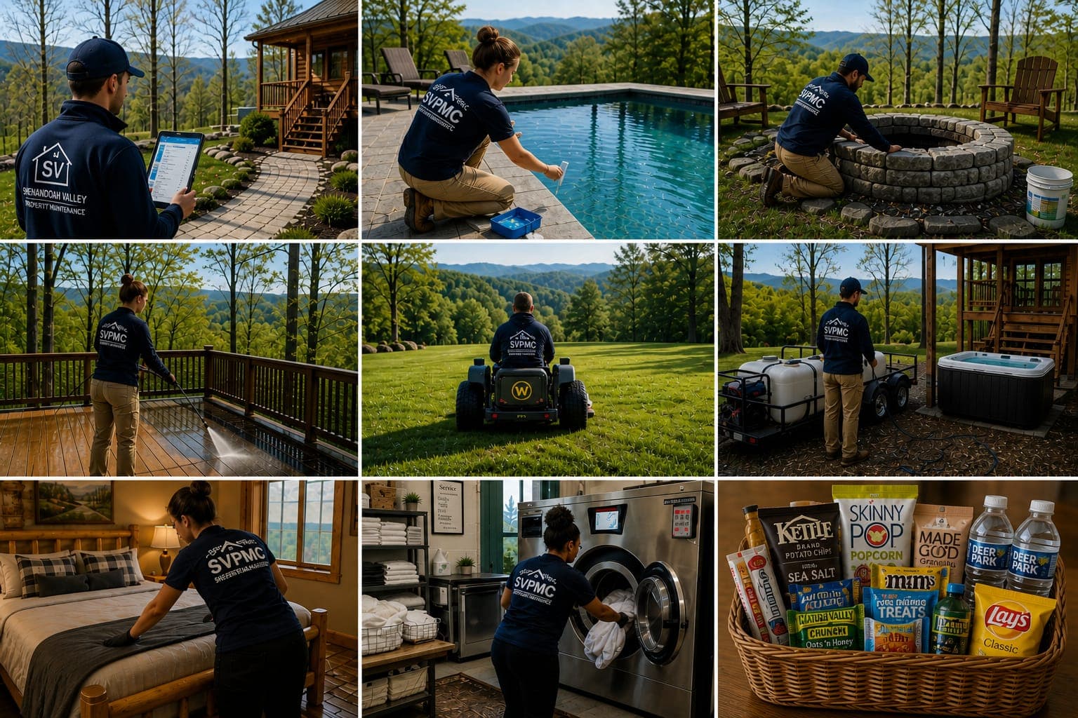 SVPMC crew servicing Shenandoah Valley rentals: pool care, pressure washing, mowing, hot tub service, housekeeping, laundry, and guest supplies